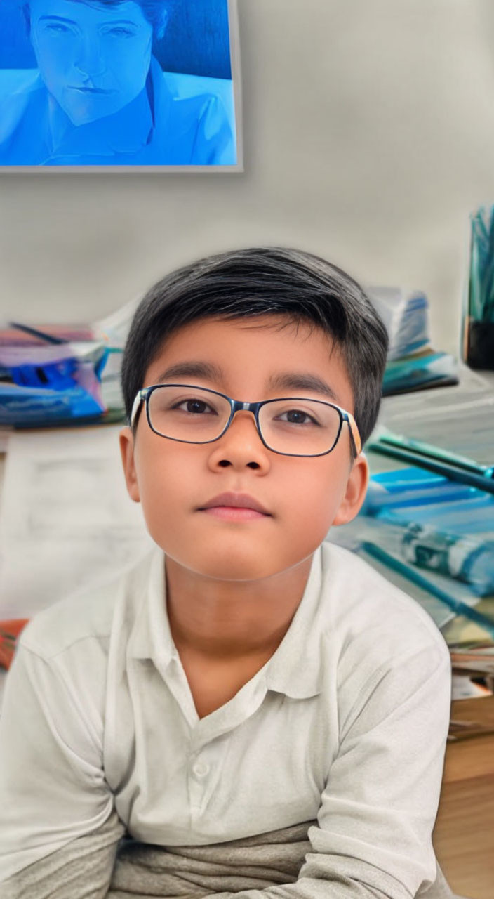 Young boy with glasses sitting at desk with papers and monitor in blurred background