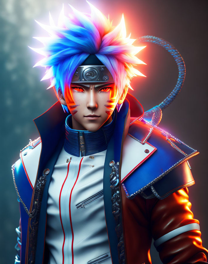 Stylized digital artwork of male character with blue spiky hair and futuristic ninja headband