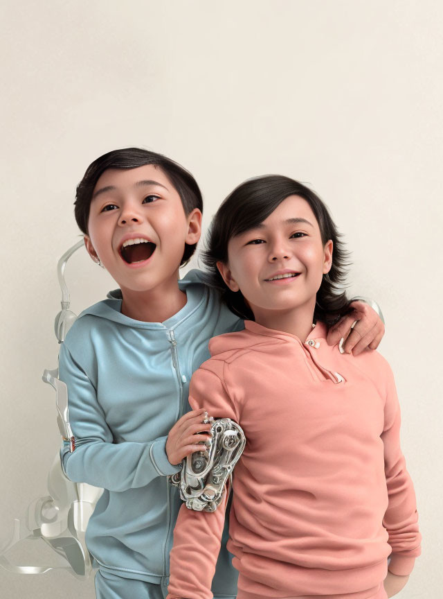 Children with robotic arm smiling on light background