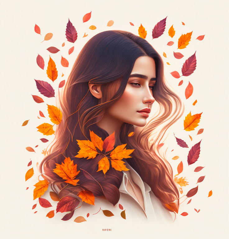 Digital Artwork: Woman with Flowing Hair in Autumn Leaves