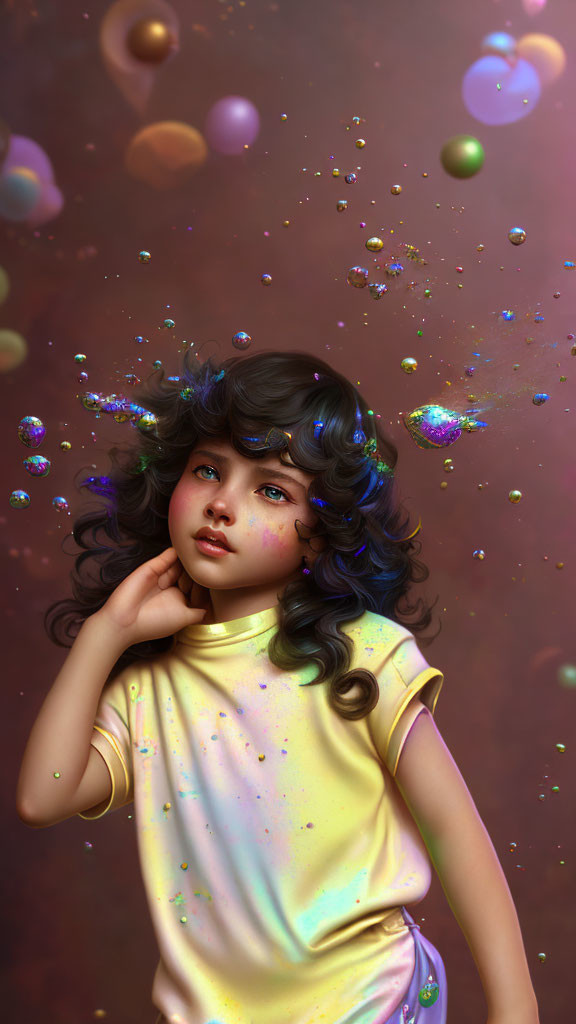 Pensive girl with curly hair and iridescent bubbles on warm brown backdrop