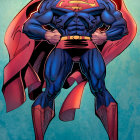 Muscular superhero in blue and red costume with cape and crest on chest.