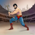 Muscular bearded warrior in gladiator arena with battle axe and blue-gold armor