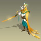 Character in Golden and Cyan Armor with Spear in 3D Illustration
