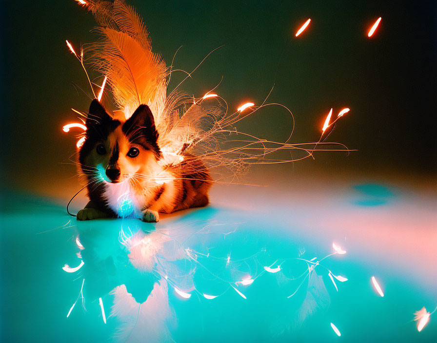 Tricolor cat on reflective surface with vibrant sparklers in background
