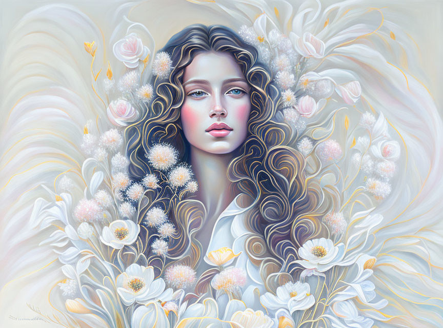 Surreal portrait of woman with flowing hair, white flowers, and butterflies