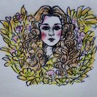 Vibrant floral pattern surrounds woman with curly hair