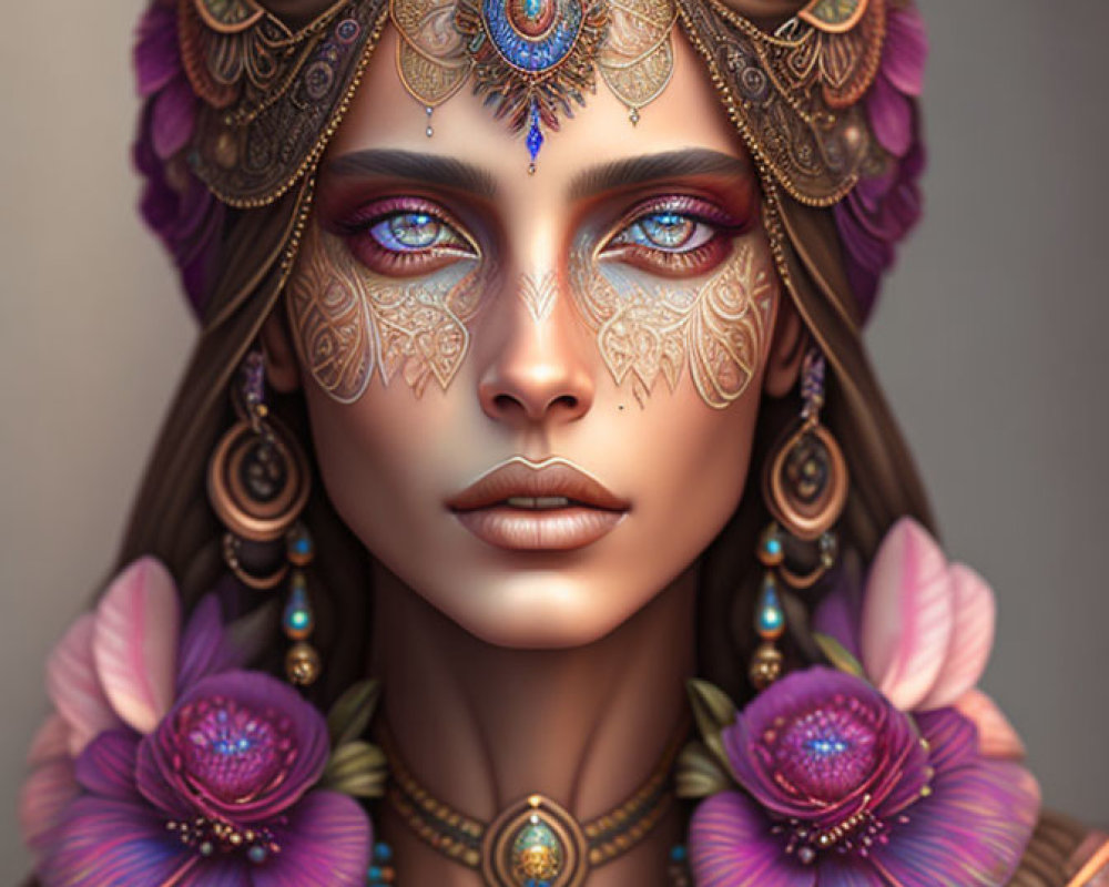 Detailed Digital Portrait of Woman with Ornate Jewelry, Henna Tattoos, and Purple Flowers