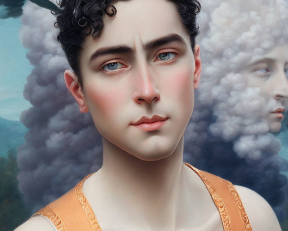 Hyperrealistic Painting of Young Person with Curly Black Hair and Blue Eyes in Orange Tank Top with