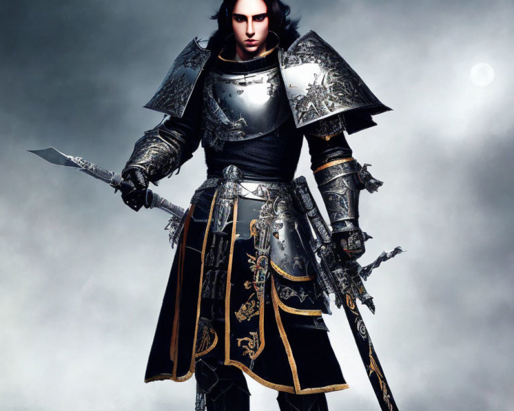 Fantasy warrior in dark armor with gold details, holding a sword against cloudy sky
