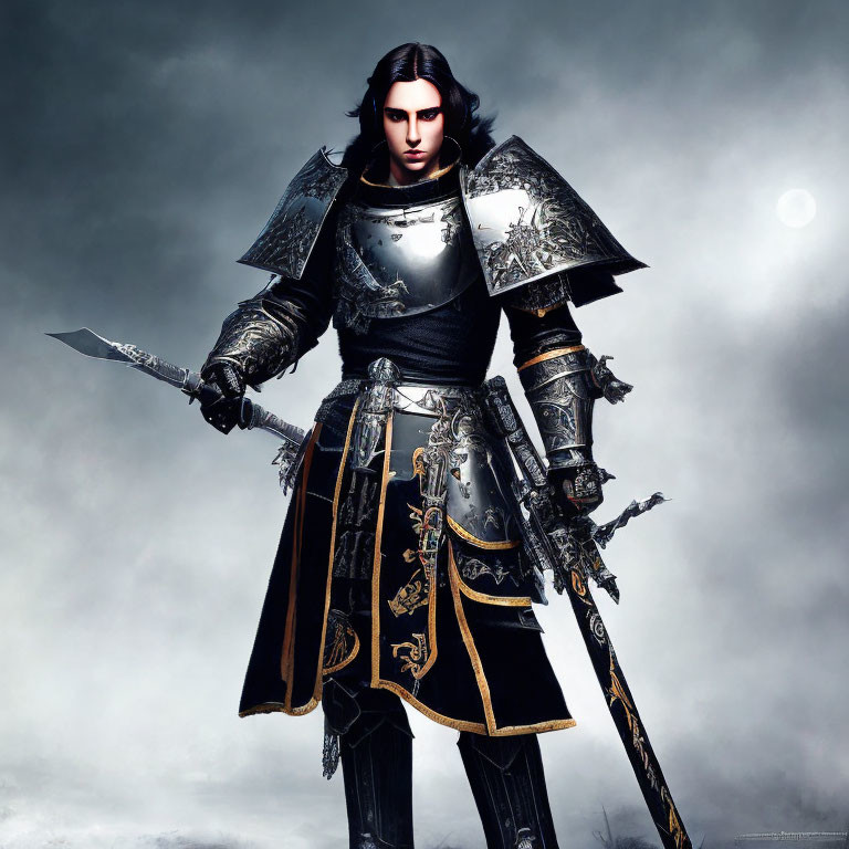 Fantasy warrior in dark armor with gold details, holding a sword against cloudy sky