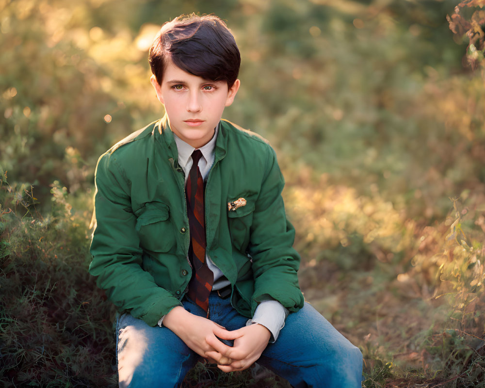 Young boy in green jacket sitting in field with sunlight filtering through foliage