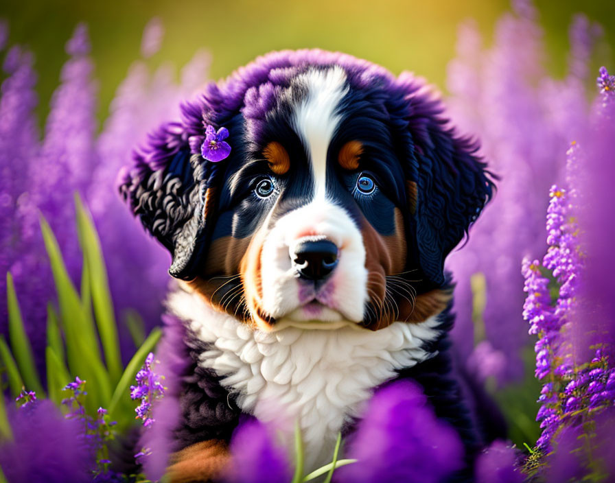 Bernese Mountain Dog Puppy with Purple Flowers and Flower on Head