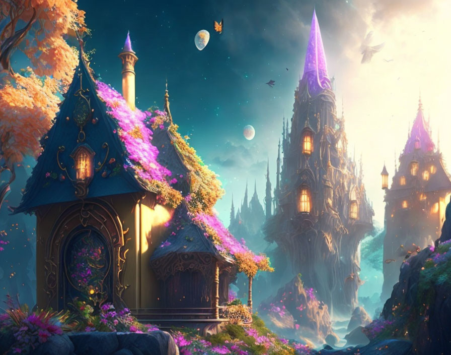 Vibrant fantasy landscape with cottages, castles, floating islands, and moons