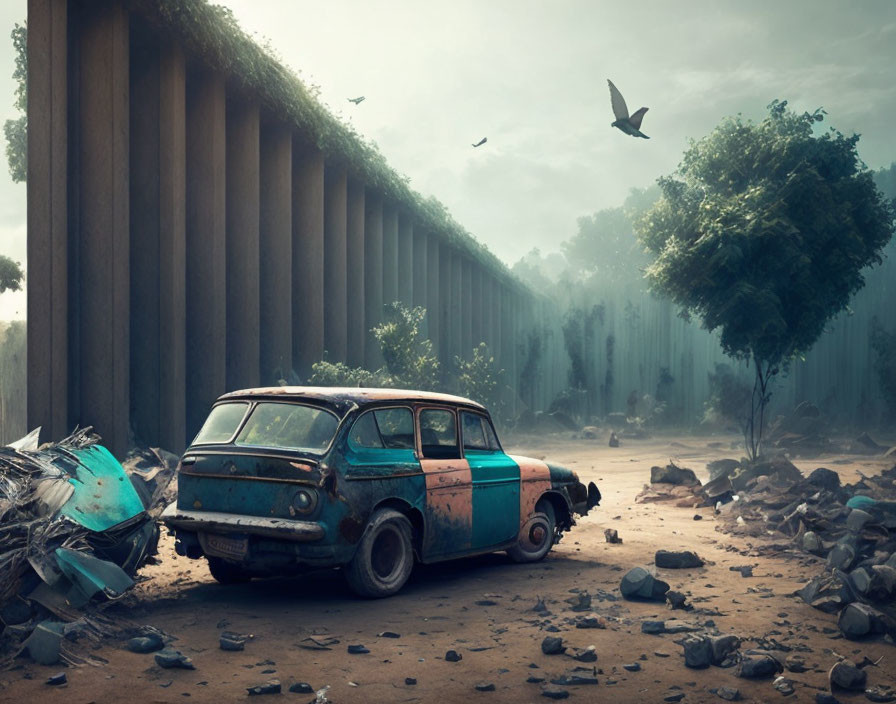 Abandoned multi-colored car in desolate landscape with crumbling walls