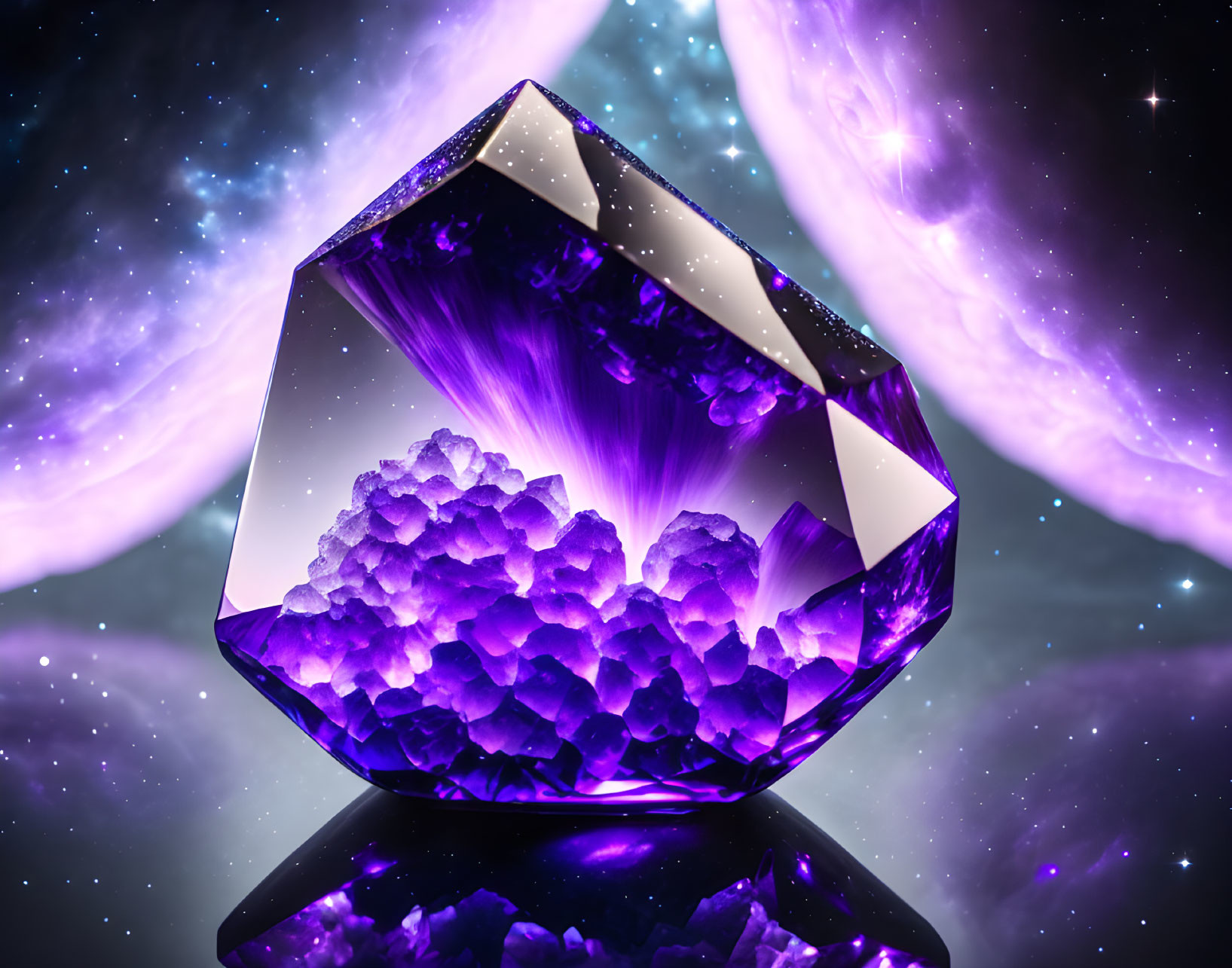Colorful 3D Crystal Illustration with Purple Geode Formations and Cosmic Background