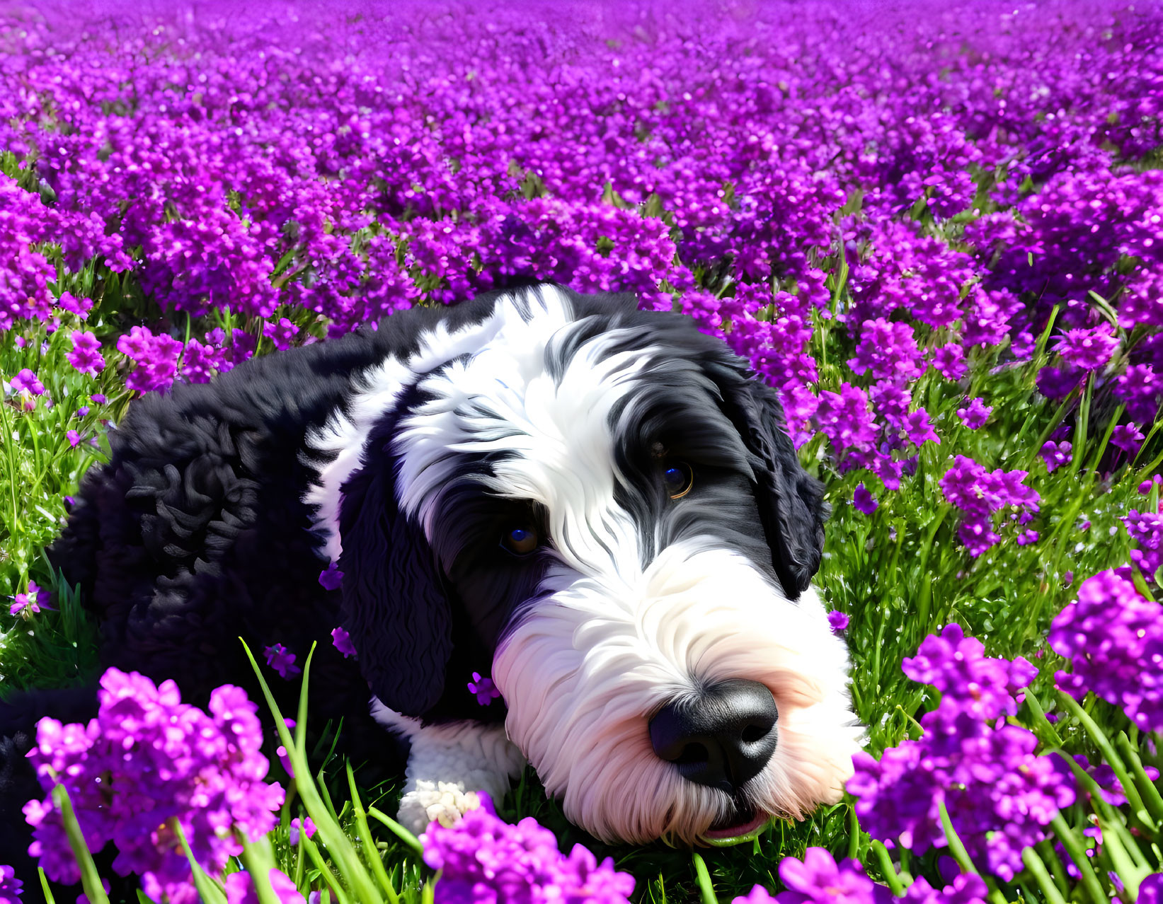 Black and White Dog Resting in Vibrant Purple Flower Field