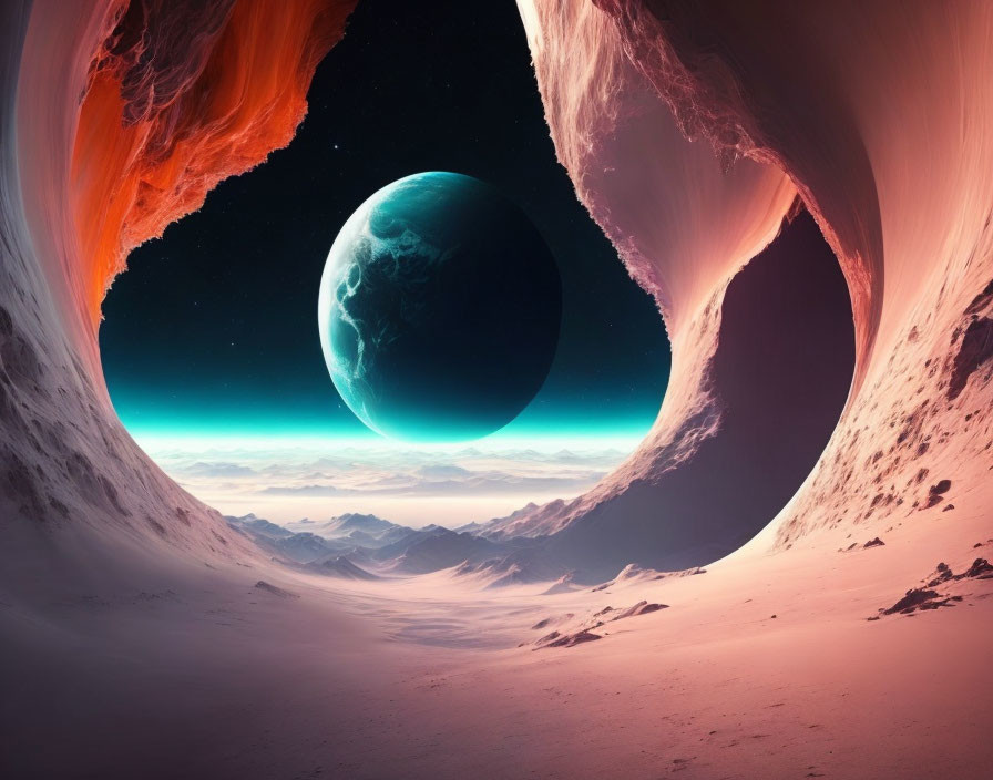 Large Planet Rising Over Rocky Alien Terrain in Surreal Landscape