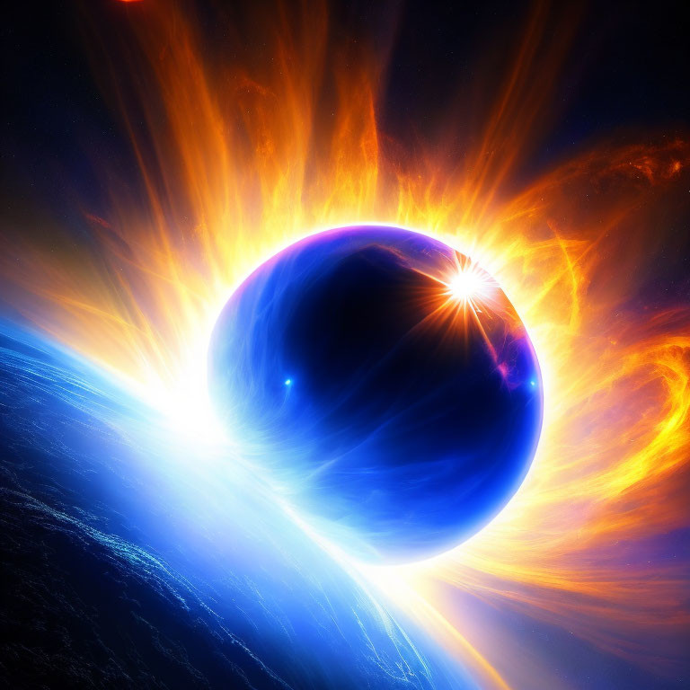 Vibrant digital artwork of fiery planet with star in cosmos