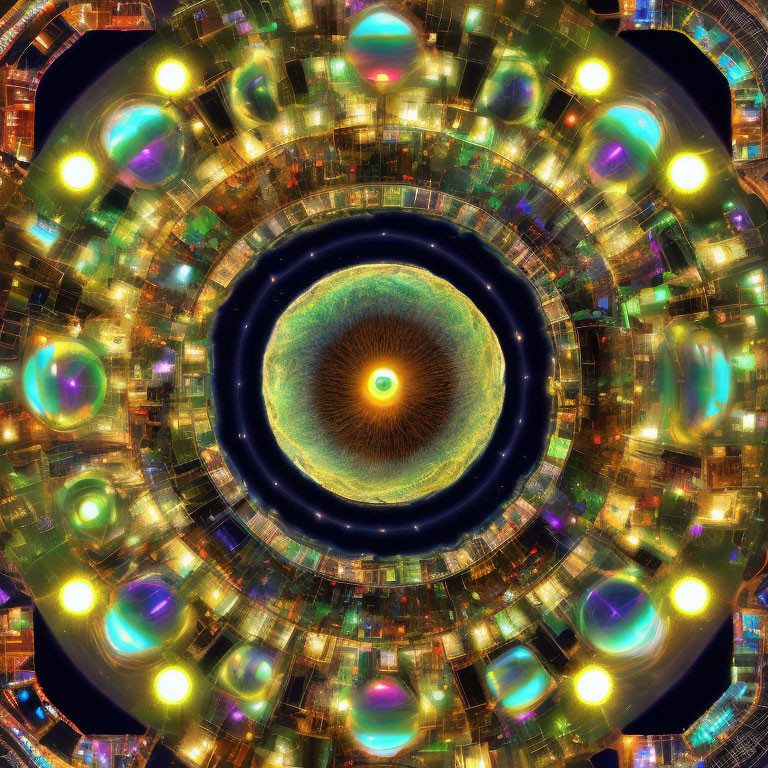Colorful digital artwork: Circular fractal pattern with detailed eye, radiant orbs, kaleidoscopic