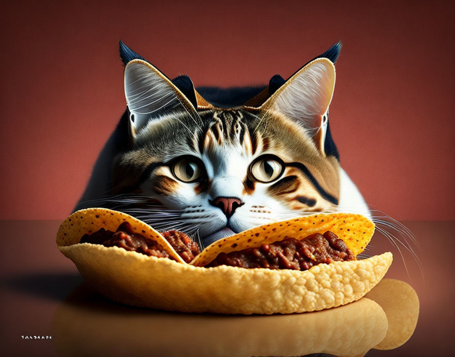 Digital artwork of cat face in taco shell on reddish-brown background
