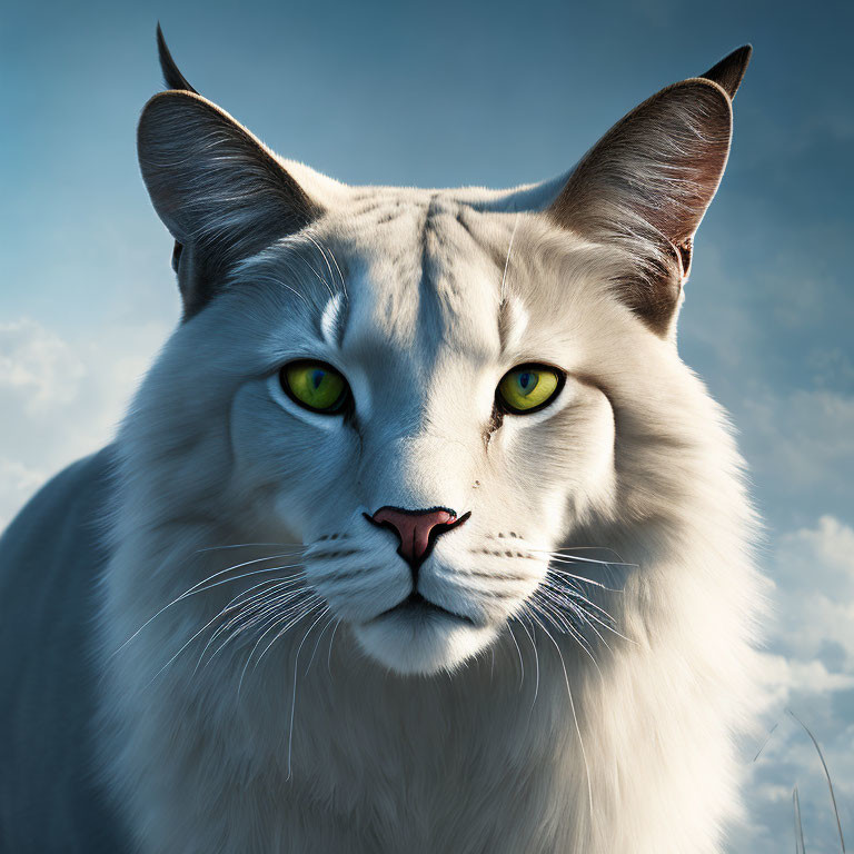 Realistic CGI Cat with Green Eyes on Blue Sky