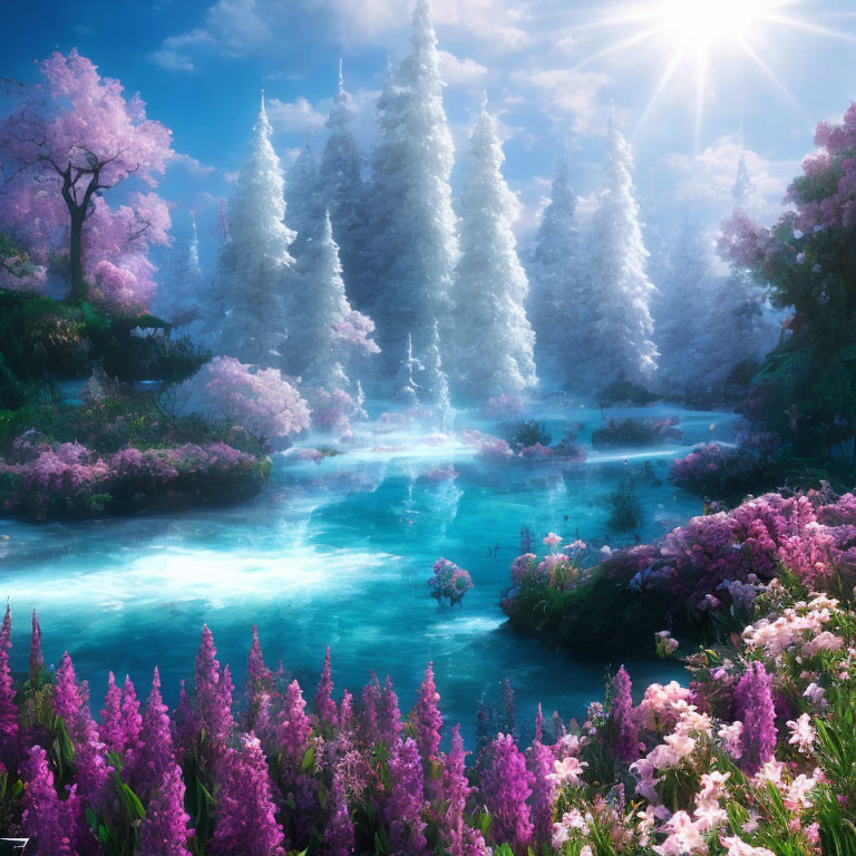 Sunlit turquoise river in lush landscape with flowering vegetation & tall evergreen trees