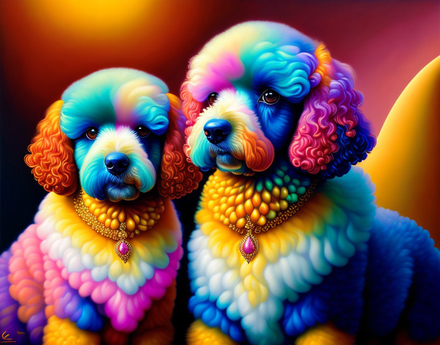 Colorful Poodles with Bejeweled Necklaces on Vibrant Background