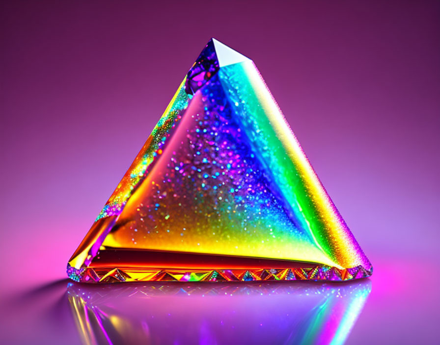 Colorful Glittering Triangular Prism on Glossy Surface