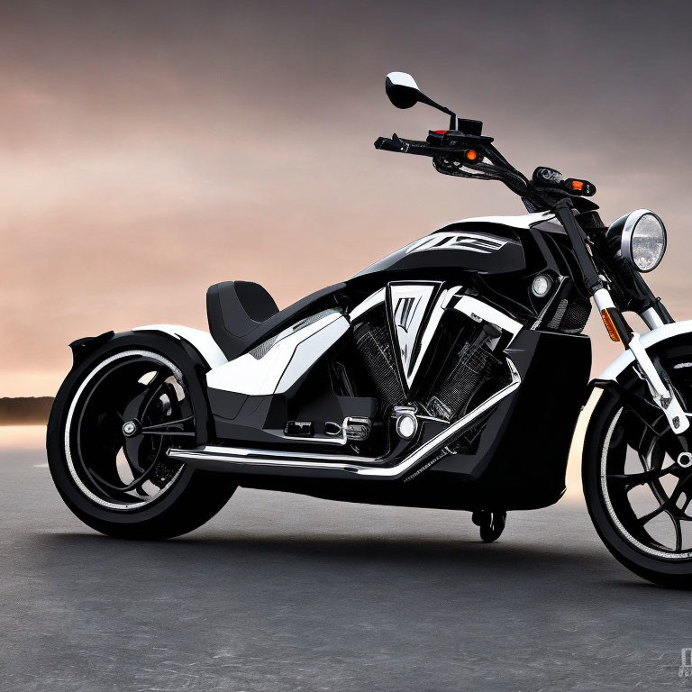 Modern black and white motorcycle with V-shaped motif and futuristic design parked under dusky sky