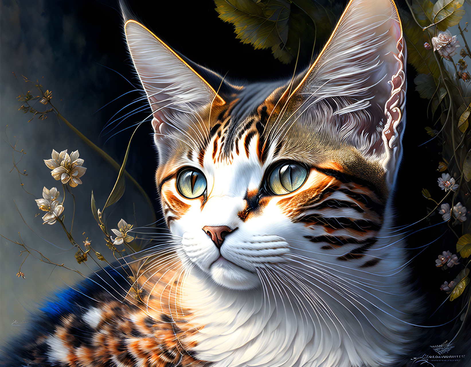 Detailed digital art portrait of a cat with striking patterns and green eyes on dark backdrop with white flowers