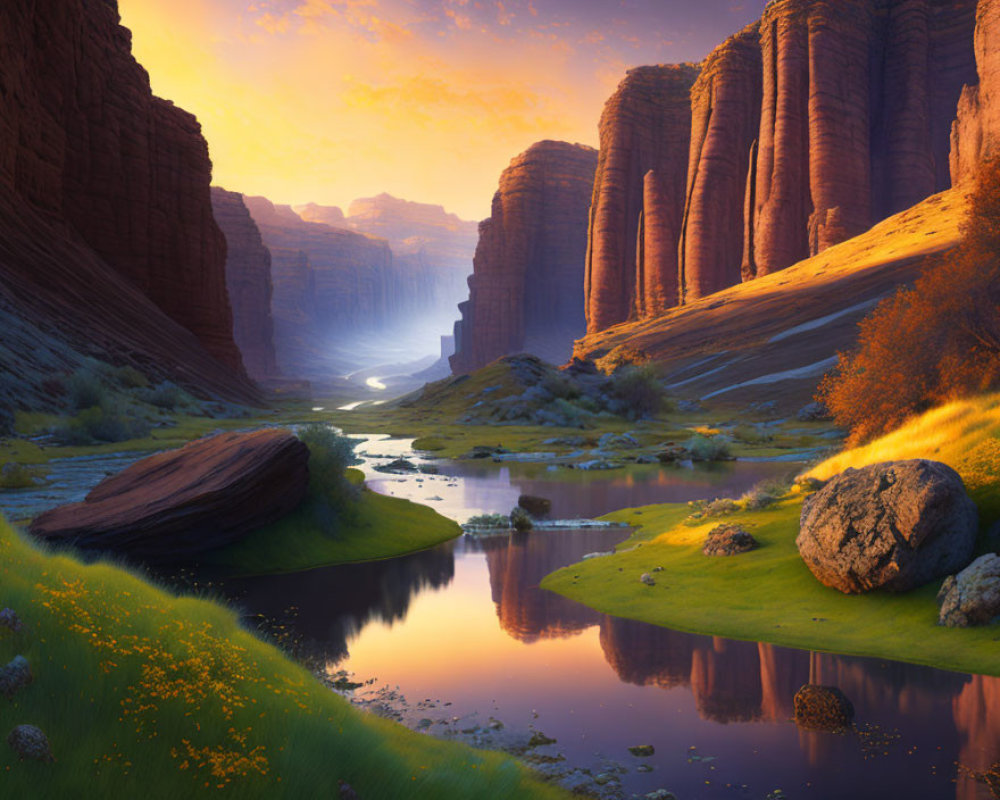 Majestic canyon with tranquil river at sunset
