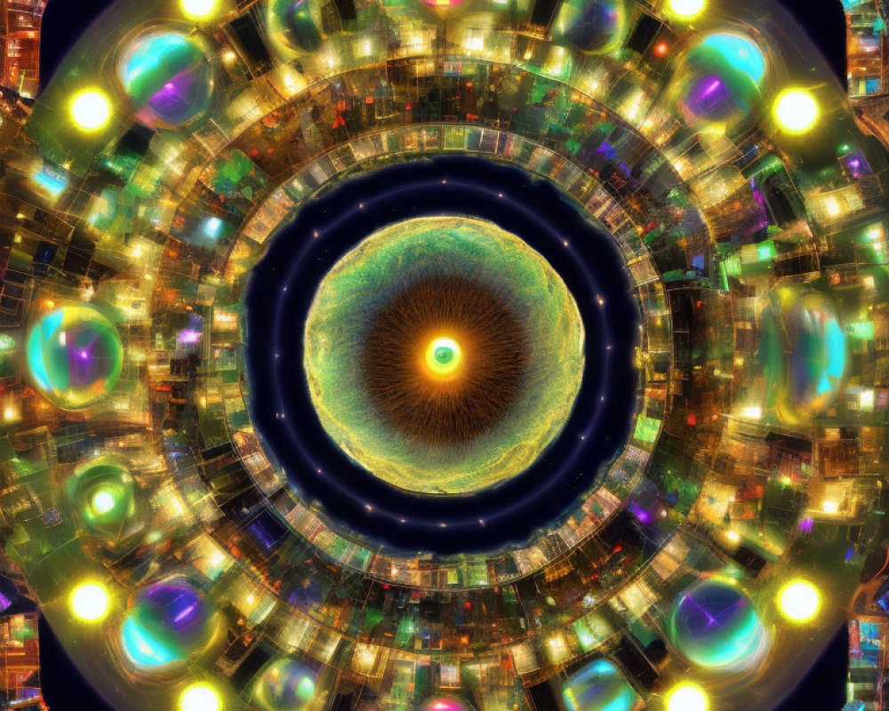 Colorful digital artwork: Circular fractal pattern with detailed eye, radiant orbs, kaleidoscopic