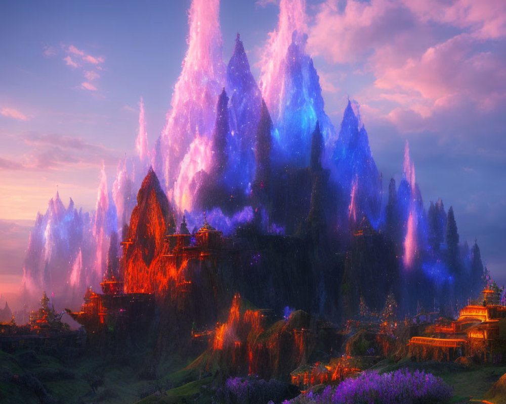 Glowing crystal mountains in purple sky with ancient buildings at twilight