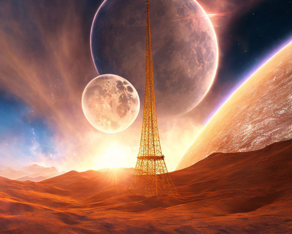 Surreal desert landscape with Eiffel Tower-like structure, planet, and moon at sunset
