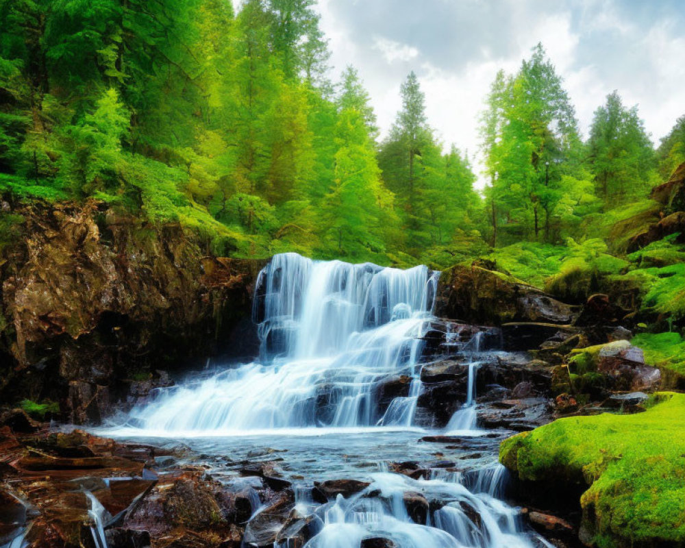 Lush green forest with cascading waterfall and moss-covered rocks