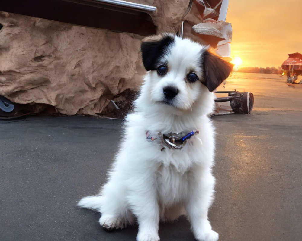 Fluffy white puppy with black patches on road at sunset