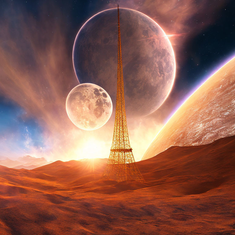 Surreal desert landscape with Eiffel Tower-like structure, planet, and moon at sunset