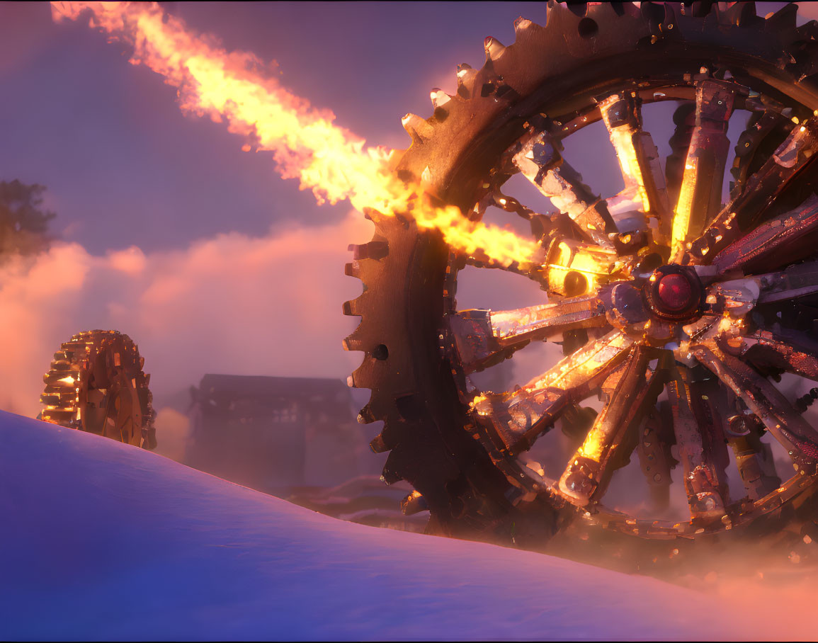 Mechanical cogwheel spewing flames in snowy landscape at sunset