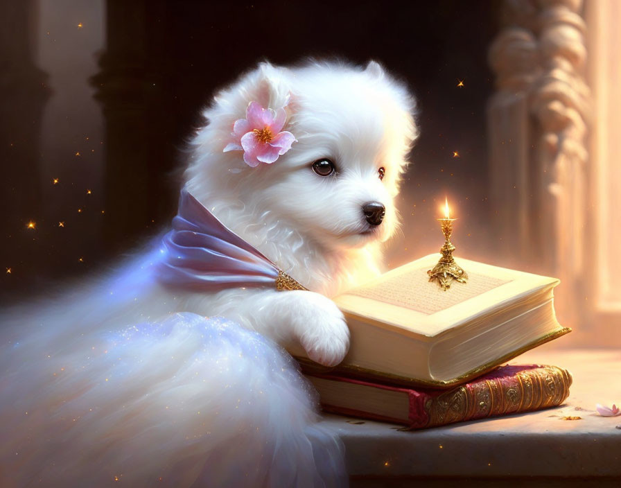 Fluffy white dog with pink flower resting by glowing book on table