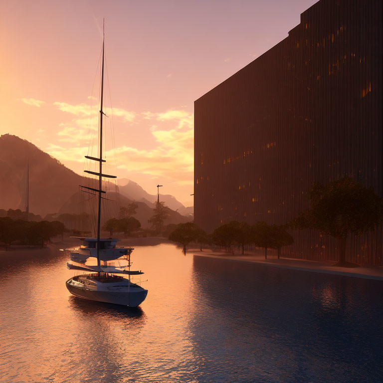 Modern waterfront building with sailing yachts at sunset
