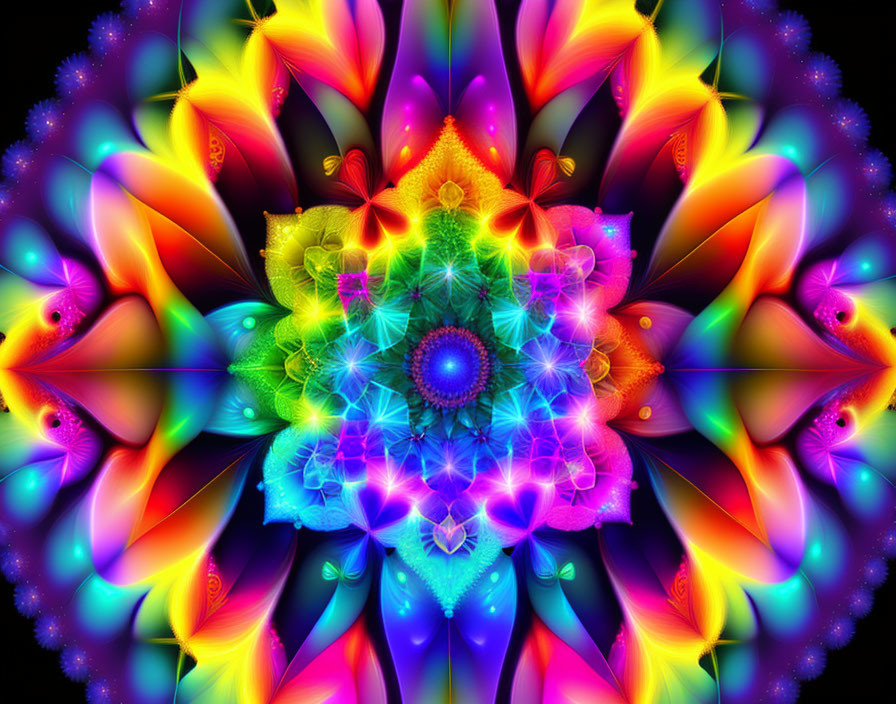 Symmetrical fractal image with vibrant colors and intricate patterns