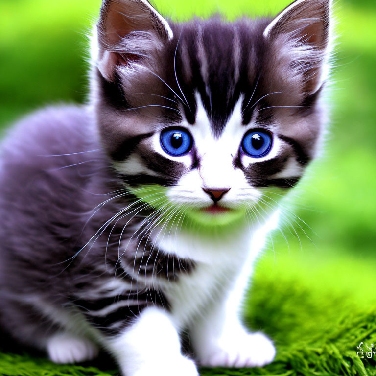 Gray and White Kitten with Blue Eyes on Green Grass