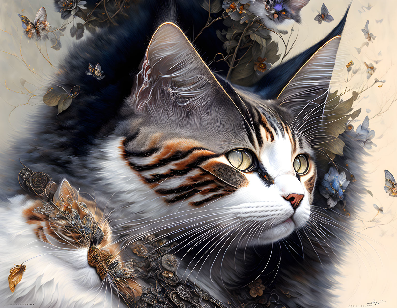 Detailed Tabby Cat Illustration with Amber Eyes and Butterflies on Cream Background