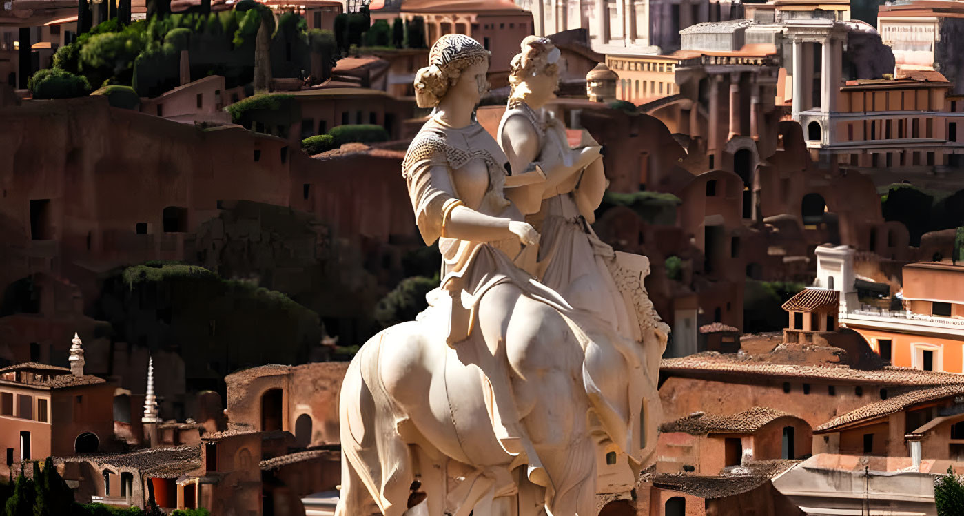 Mounted Figure Statue with Companion Overlooking Ancient Ruins in Rome