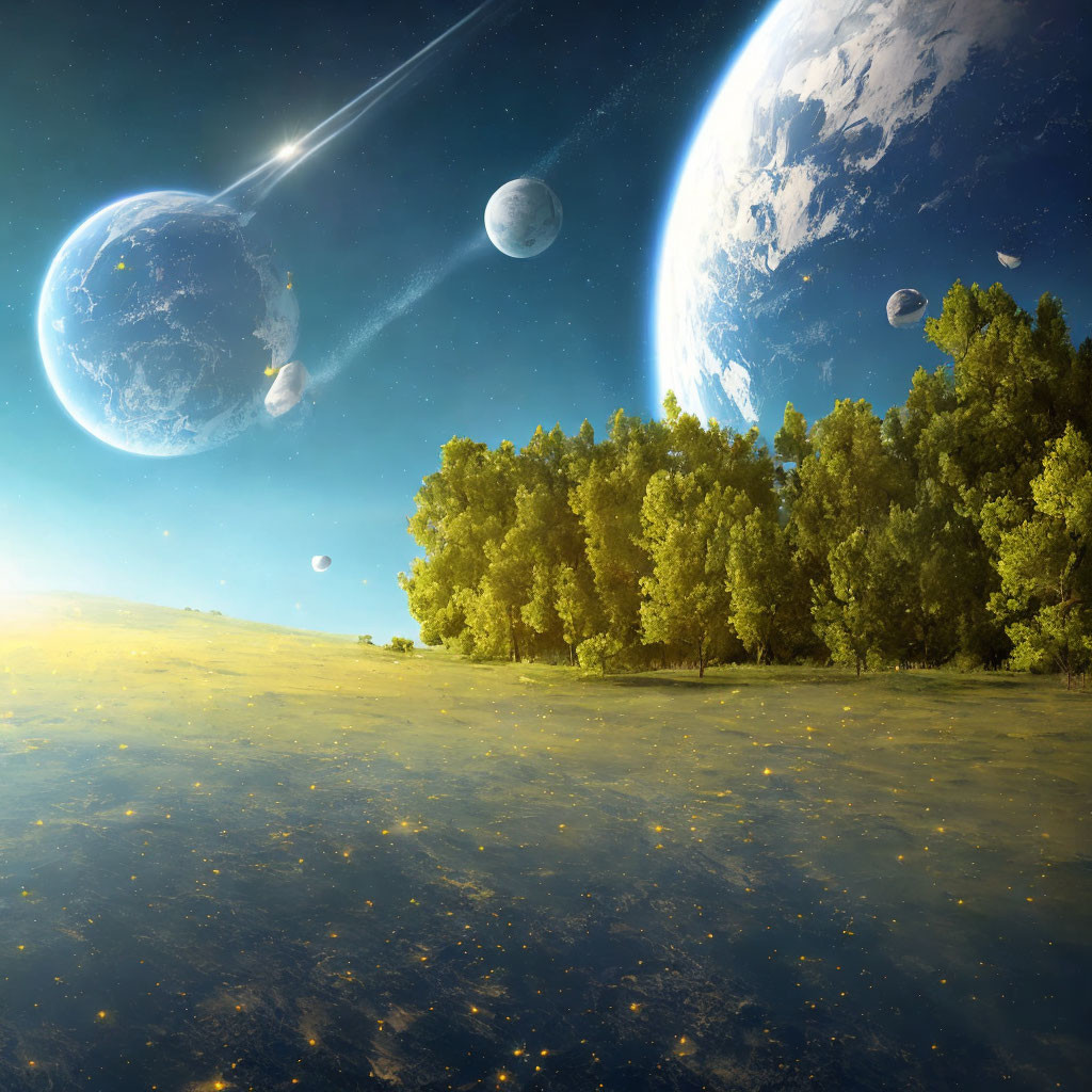Fantastical forest landscape under starry sky with planet and moons