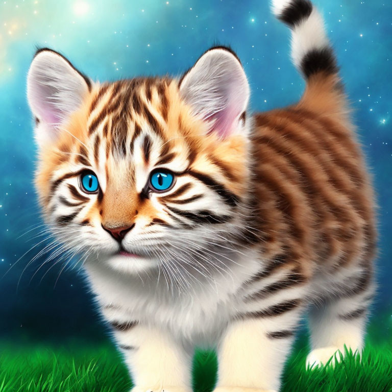Whimsical kitten digital artwork with bright blue eyes and bold stripes