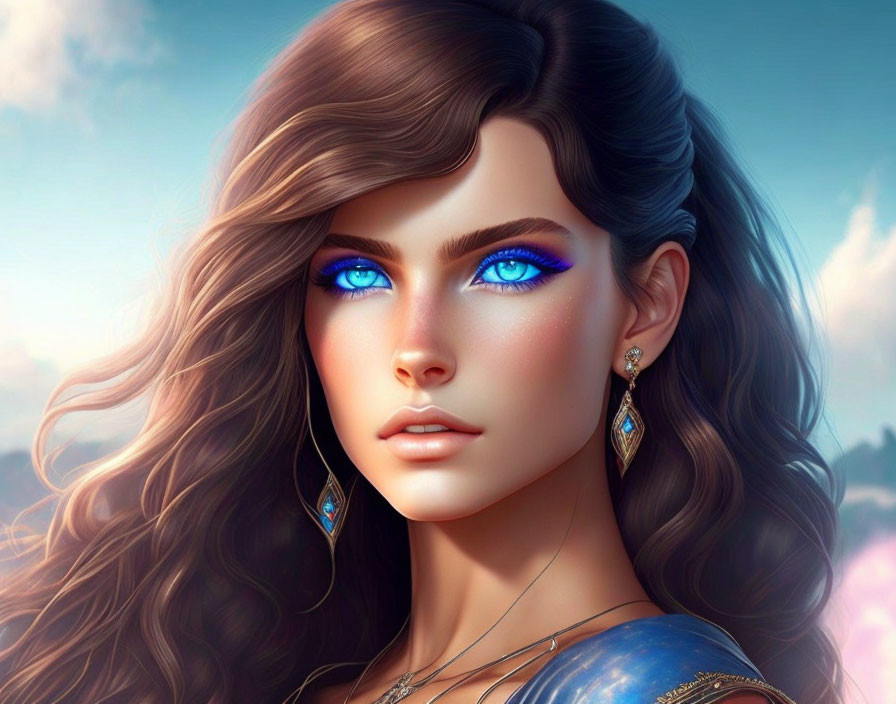 Digital Artwork: Woman with Blue Eyes, Wavy Brown Hair, and Blue Earrings