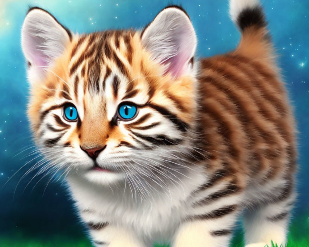 Whimsical kitten digital artwork with bright blue eyes and bold stripes