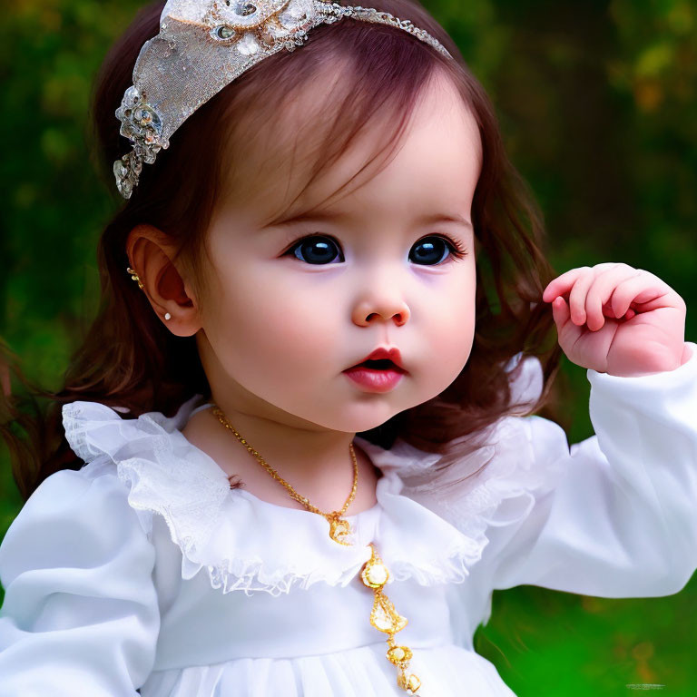 Toddler in white dress with golden necklace and lace headband gazes sideways